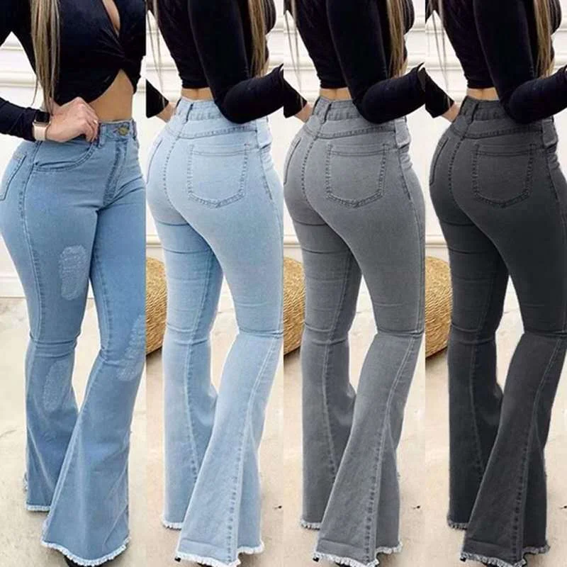 2023 New Arrivals Fashion Skinny Light Blue Denim Pants Ripped Distressed Women Jeans For Female Mujer