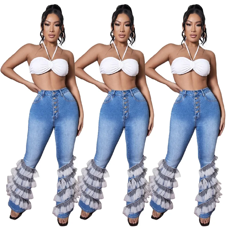 Elegant Women Mesh Patchwork Cascading Ruffles Flare Button Fly High Waist Jeans 2022 Street Ins Washed Blue Denim Pants