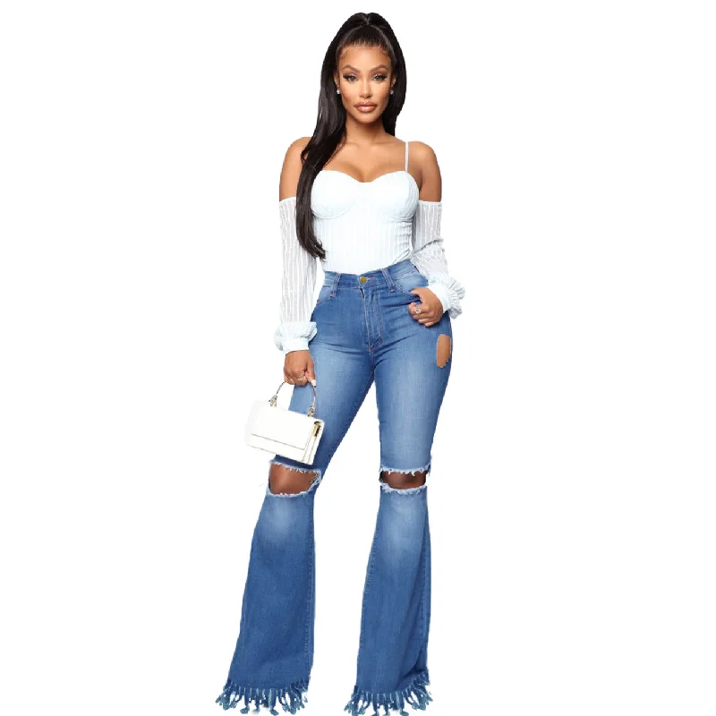 Explosive Style Tall Women Jeans  Fashion Curvy Slim Super High Waist Wide Leg Pants Scratched Tassels Ladies Boot Cut Jeans