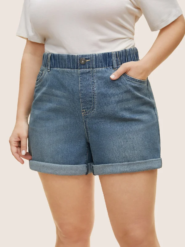 Light Wash Button Up Roll Hem Denim Shorts