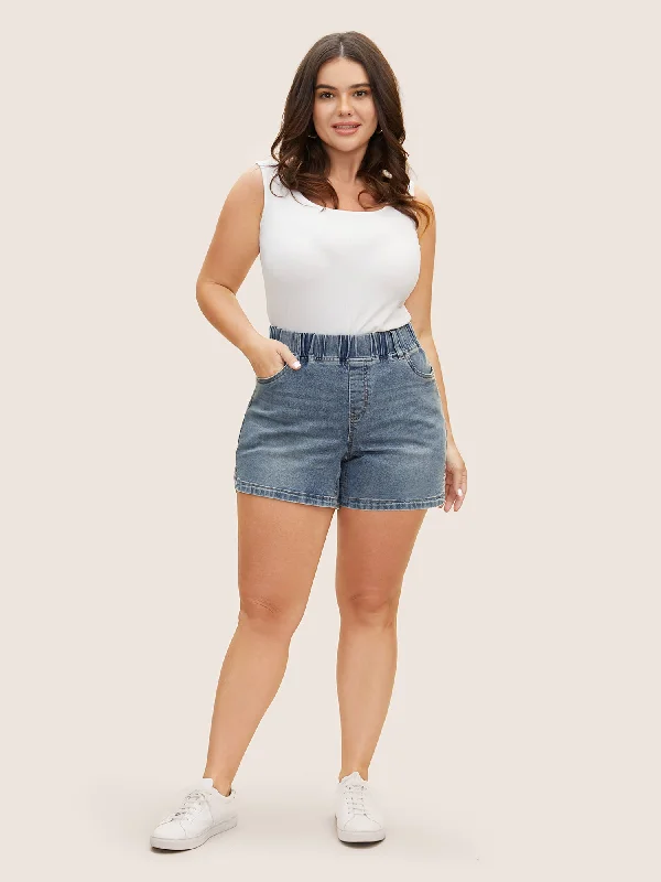 Light Wash Slit Hem Elastic Waist Denim Shorts