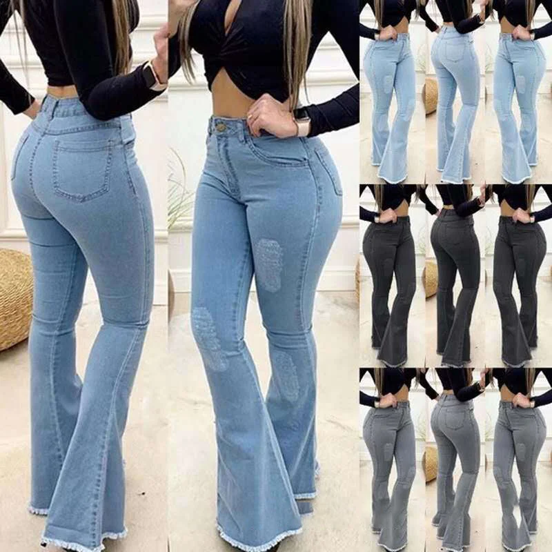 New Product High Waist Ripped Women Stretch Denim Flare Pants Street Style Blue Vintage Ladies Skinny Full Length Jeans