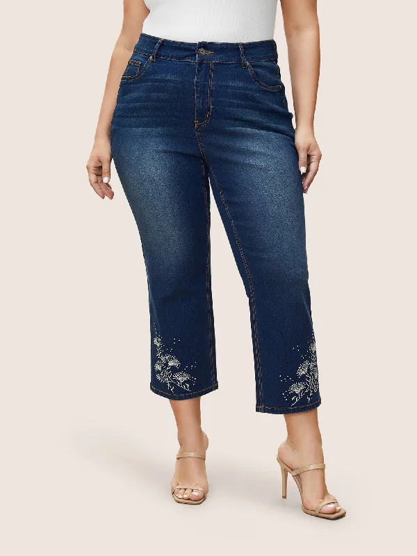 Plants Embroidered Straight Leg Cropped Jeans