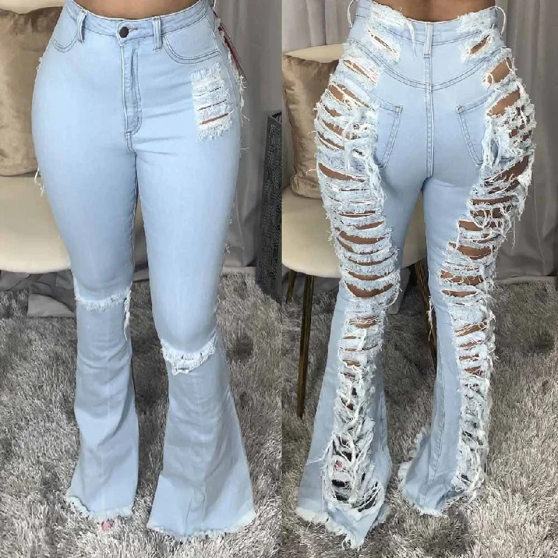 plus size fashion flare trend bell bottom distressed denim ripped jean women