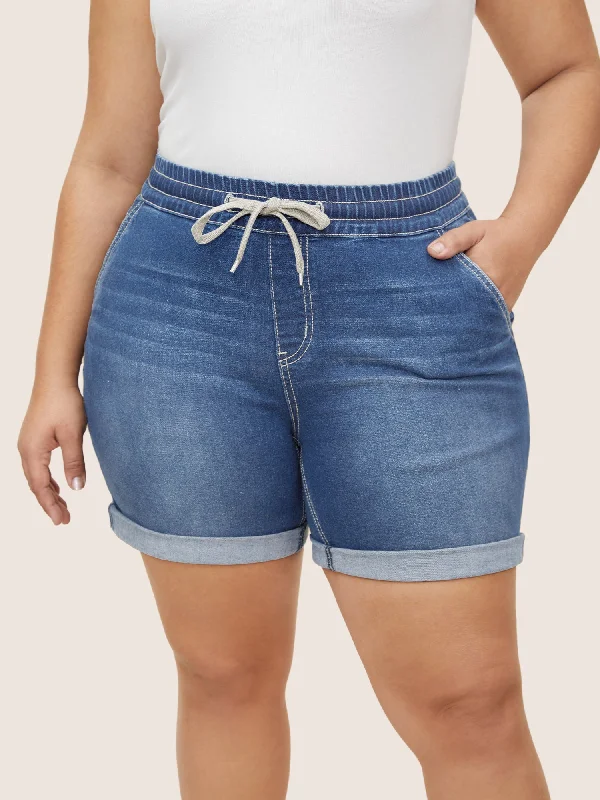 Roll Hem Elastic Waist Drawstring Denim Shorts