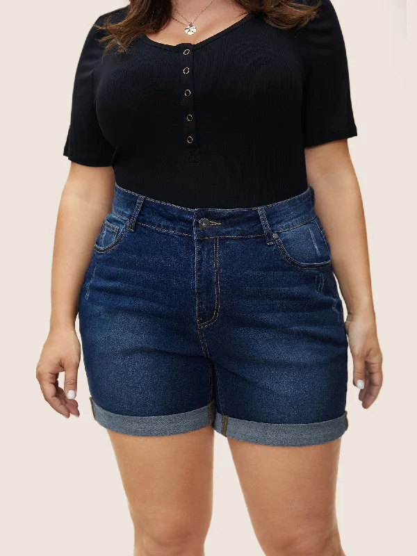 Roll Hem Pocket Bodycon Denim Shorts