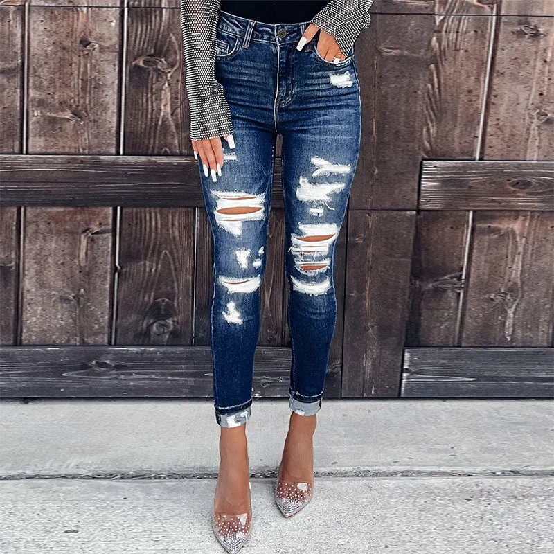 spring fall new ripped hole jeans women's hot sale ripped slim slim small leg pencil ladies denim pants