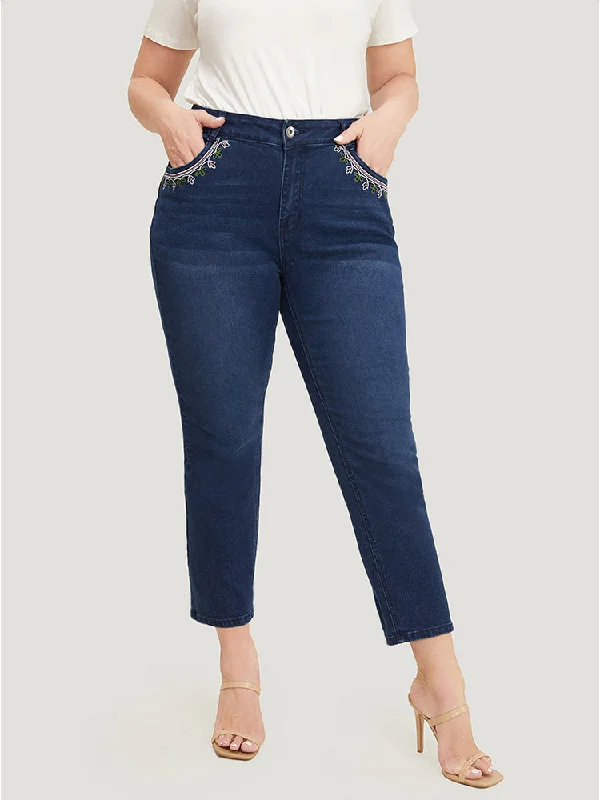 Straight Very Stretchy High Rise Dark Wash Embroidered Trim Jeans