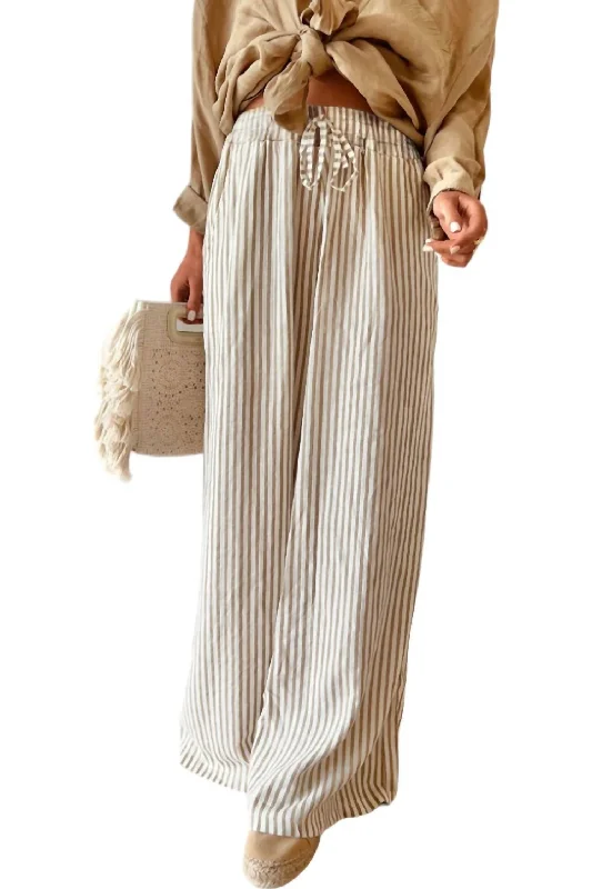 Stripe Print Drawstring Pants In Brown