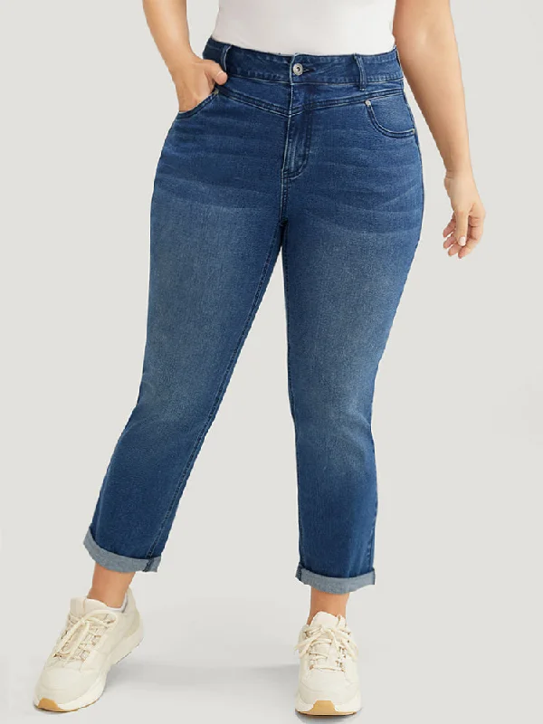 Very Stretchy High Rise Medium Wash Roll Hem Jeans