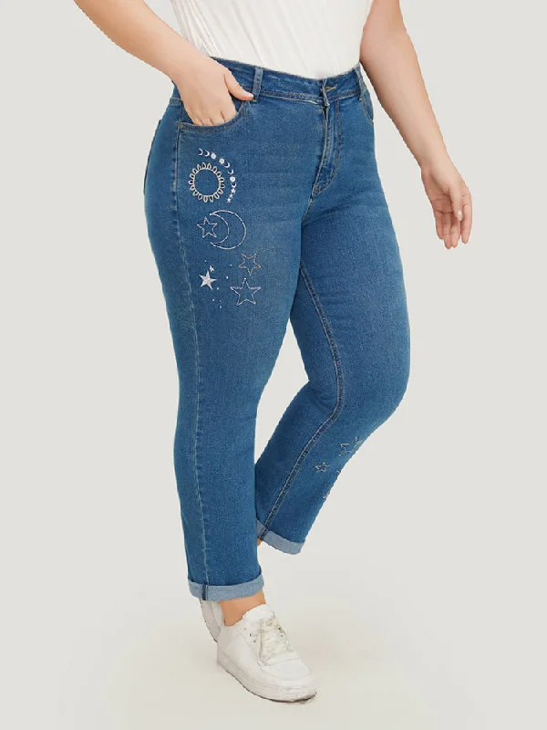 Very Stretchy High Rise Moon & Star  Embroidered Jeans