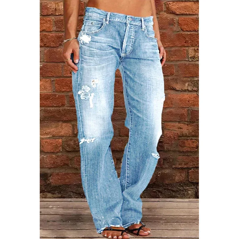 Wholesale 2023 Fashionable Wash Mid Waist Straight Women Plus Size Jeans Stretchable Denim Ripped Jeans Women