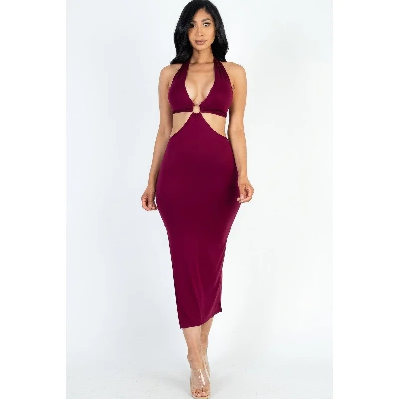 CutOut Halter Neck Double Back Tie Split Thigh Midi Dress