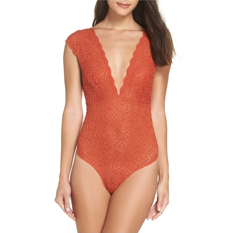 Free People Womens Thong Lace Bodysuit Jumpsuit, Orange, Large