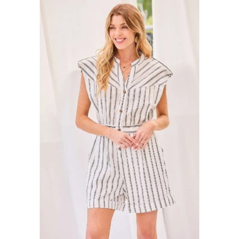 Notched Neck Button Elastic Band Waist Stripe Print Romper