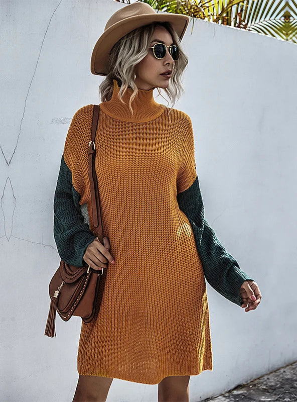 FASHION LOOSE HIGH CONTRAST COLLAR SWEATER DRESS