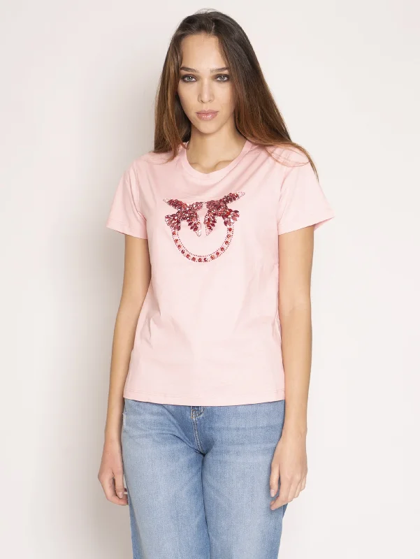 T-shirt con Maxi Logo in Strass Rosa