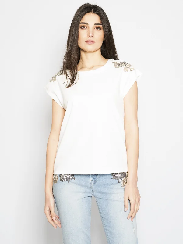 T-shirt Boxi con Pietre Bianco