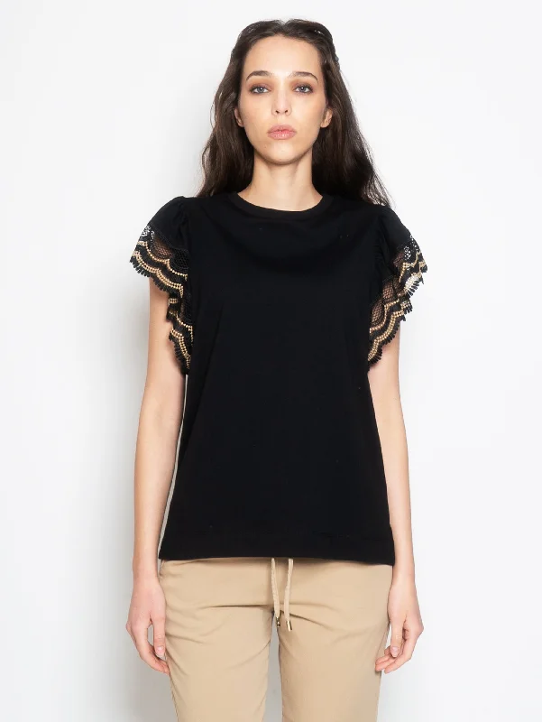 T-shirt con Maniche con Bordi in Pizzo Nero