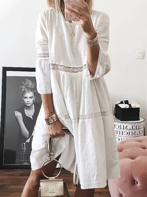 White Lace Long Sleeve Hollow Maxi Dress