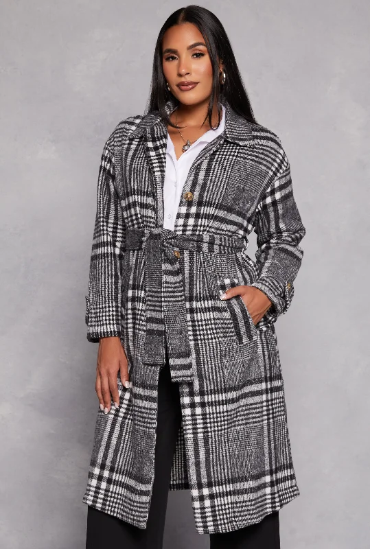 Spoon Jeans Plaid Tie Waist Wrap Coat