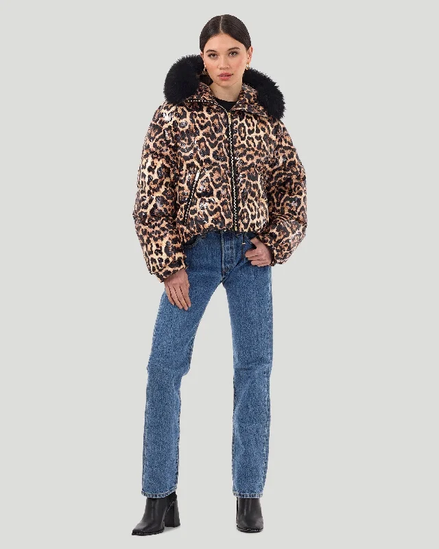 Printed Apres-Ski Jacket with Detachable Toscana Shearling Lamb Hood Trim