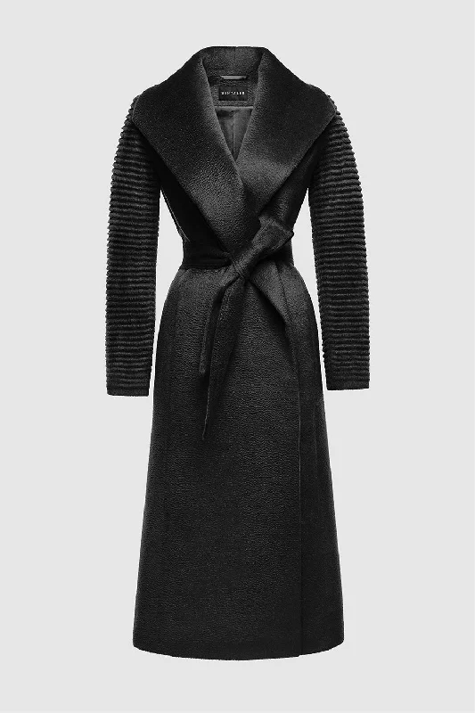 Suri Alpaca Long Shawl Collar Wrap Coat with Ribbed Sleeves