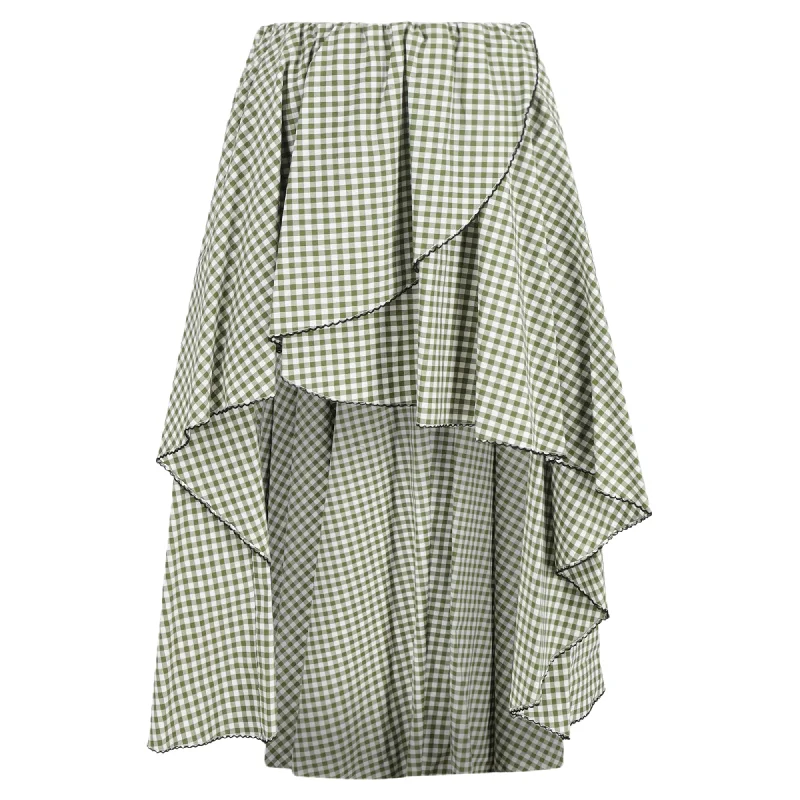 Caroline Constas Adelle Gingham Midi Asymmetric Skirt in Green Cotton