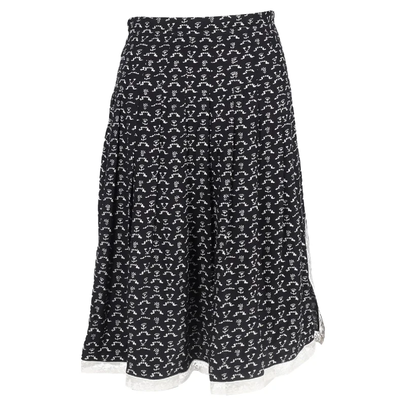 Chloé Flower Printed Pleated Midi Skirt in Black Cotton