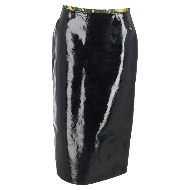 Dries Van Noten Printed Waistband Detail Midi Skirt in Black Faux Leather