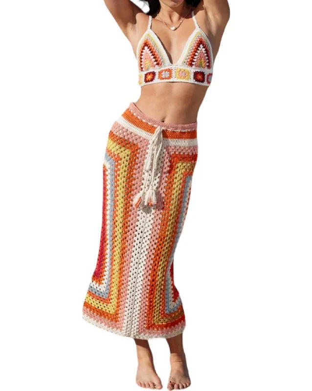 Gardenia Crochet Knit Skirt In Orange Multi