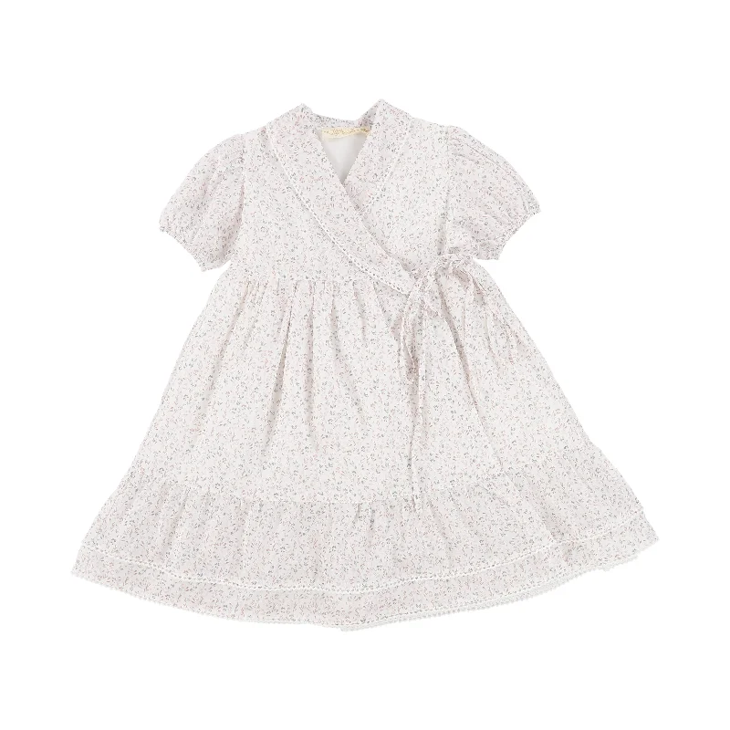 LITTLE EYELET WHITE LEAF PRINT WRAP TIE  DRESS [Final Sale]