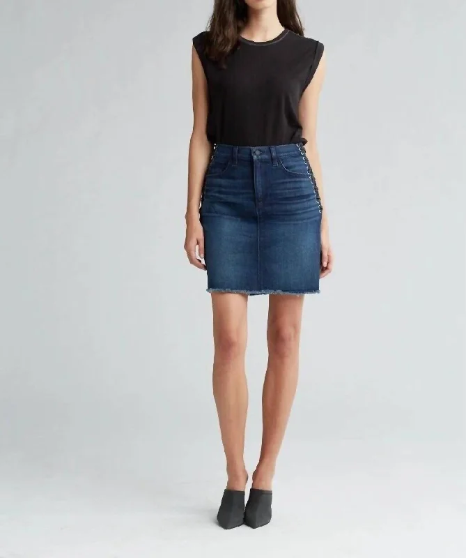 Lulu Nightfall Jean Raw Hem Side Lace Up Skirt In Blue