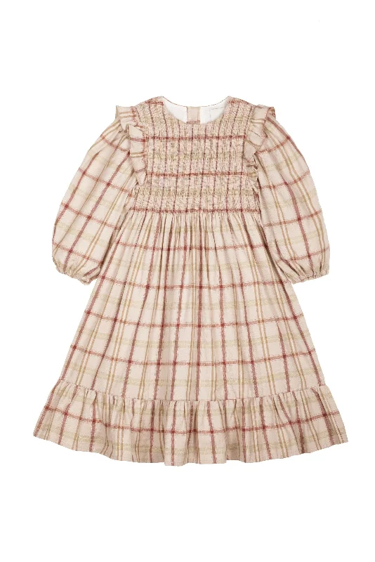 Mipounet Sesame Plaid Puff Sleeve Ruffle Dress [Final Sale]