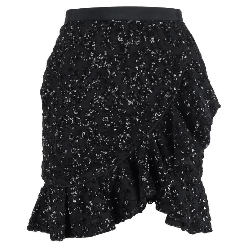 Self-Portrait Sequined Mini Ruffled Skirt in Black Polyester