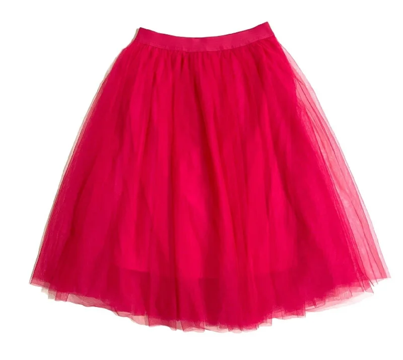 Women's Tulle Elastic Waist Midi Skirt In Hot Pink