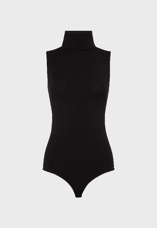 Black Viscose Sleeveless Turtleneck String Bodysuit