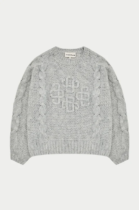 EMBLEM PLAITED OVERSIZED KNIT JUMPER - GREY MARL