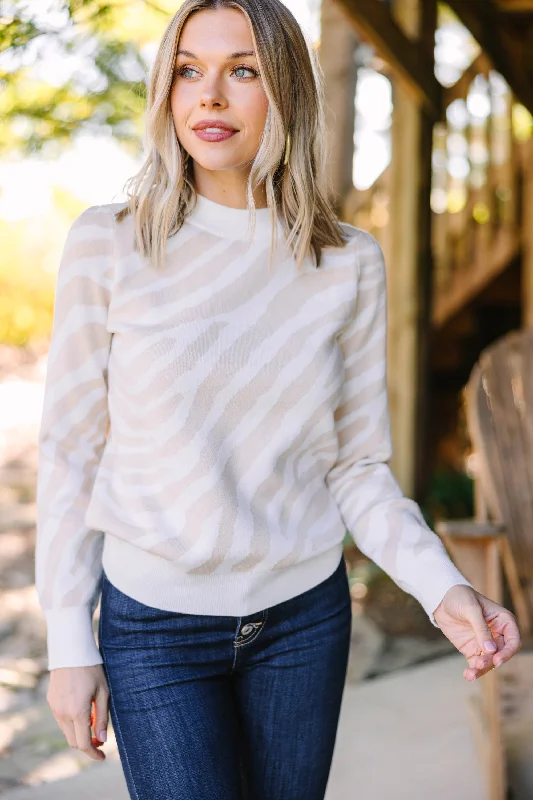 Tell You Everything Oatmeal White Zebra Stripe Sweater